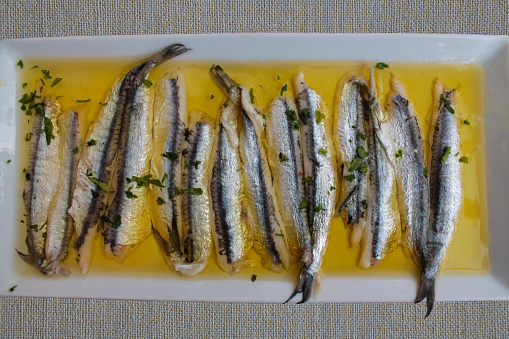 group of marinated filet of anchovies in olive oil as appetizer