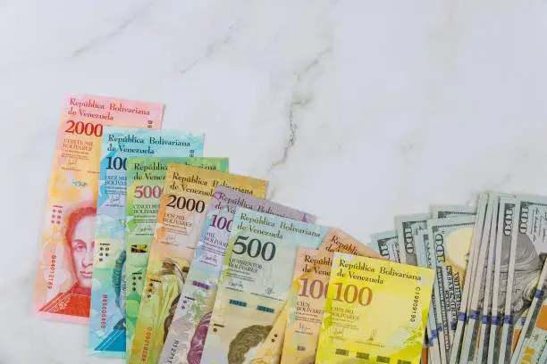 US dollar banknote and Venezuela economic of banknotes with different paper bills currency Venezuelan Bolivar,