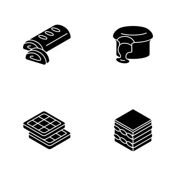 Vector illustration of European desserts black glyph icons set on white space