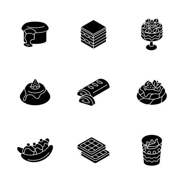 Vector illustration of Traditional desserts black glyph icons set on white space