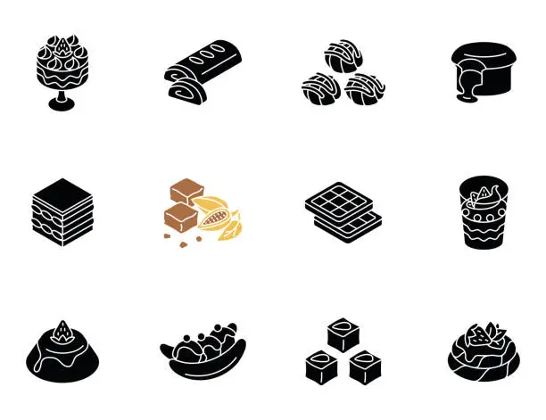 Vector illustration of World famous desserts black glyph icons set on white space