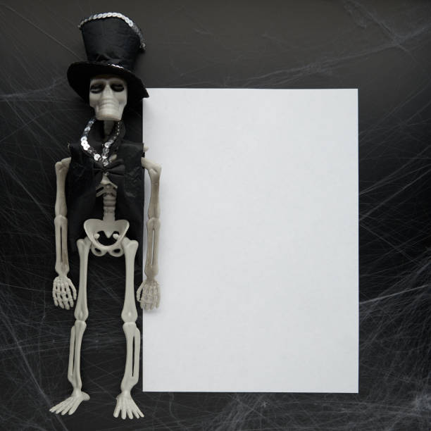 istock Decoration of artificial spider web and skeleton over black background. Happy halloween and horror concept. Flat lay, top view, copy space. 1270255231