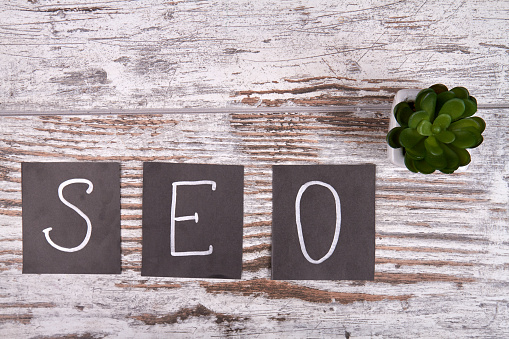 Search engine optimization concept. Seo abbreviation. Top view of green plant on the wooden board.