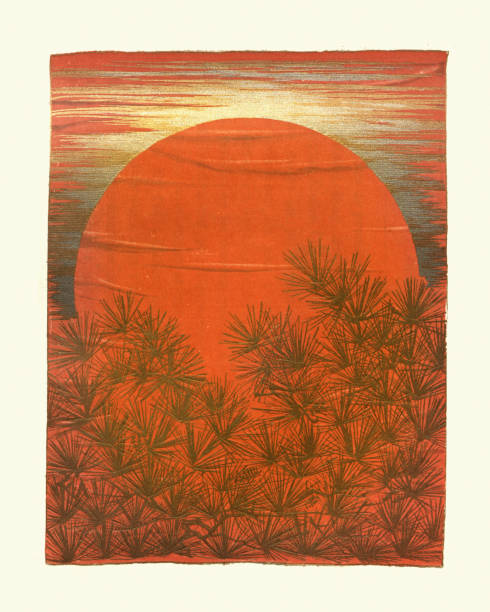 zachód słońca za sosnowym lasem, japoński druk sztuki - lithograph stock illustrations