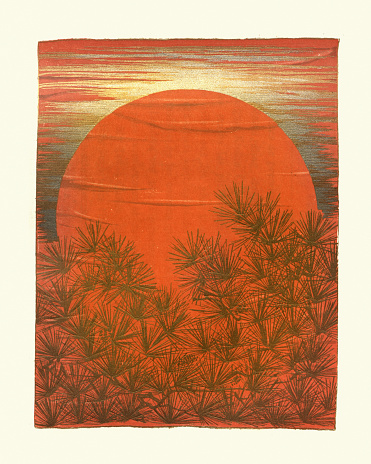 Vintage illustration of Art of Japan, Japanese print, Sunset behind a pine forest