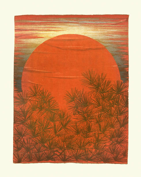 Sunset behind a pine forest, Japanese art print Vintage illustration of Art of Japan, Japanese print, Sunset behind a pine forest japanese landscape stock illustrations