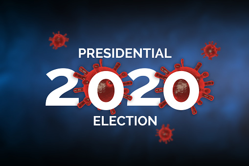 Conceptual image of 2020 United States Presidential election during Covid-19 Coronavirus pandemic. 3D rendering virus image.
