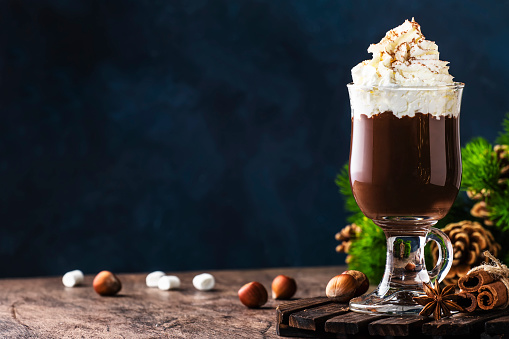Liquid dark chocolate with whipped cream and cocoa powder. Winter and autumn time drink dessert. Christmas warm beverage. Copy space