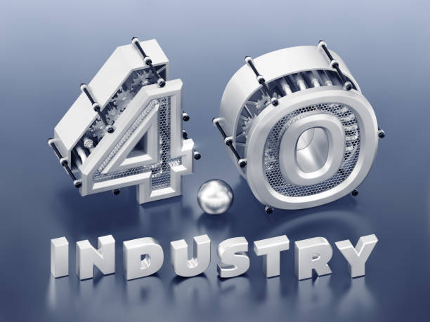 «The Fourth Industrial Revolution» Typography Three-dimensional metallic digits, which are represents abstract mechanisms composed into the number «4.0» and standing behind of the word «Industry» - all of them are on reflective background. 3D rendering graphics in isometric projection. 3d silver steel number 4 stock pictures, royalty-free photos & images