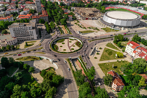 Wide aerial drone shot of  roundabout in city of Ruse, Bulgaria The picture was taken at day time with DJI Phantom 4 Pro drone / quadcopter.