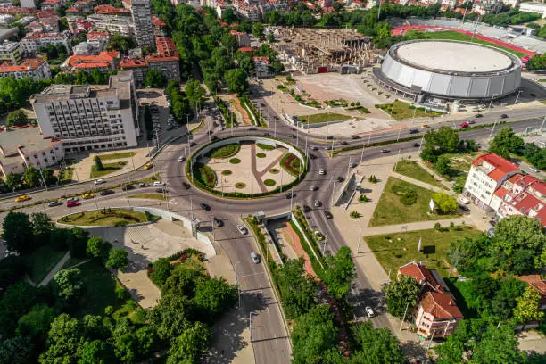 Photo of Wide aerial drone shot of  roundabout in city of Ruse, Bulgaria