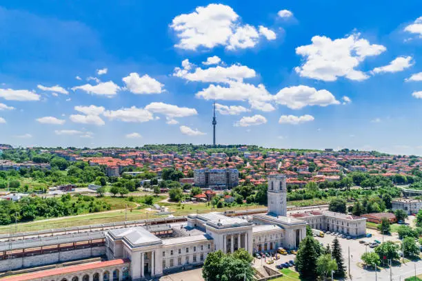 Photo of Aerial view of Ruse train station, Ruse cityscape and telecommunication tower - (Bulgarian: ЖП гара Русе, България)