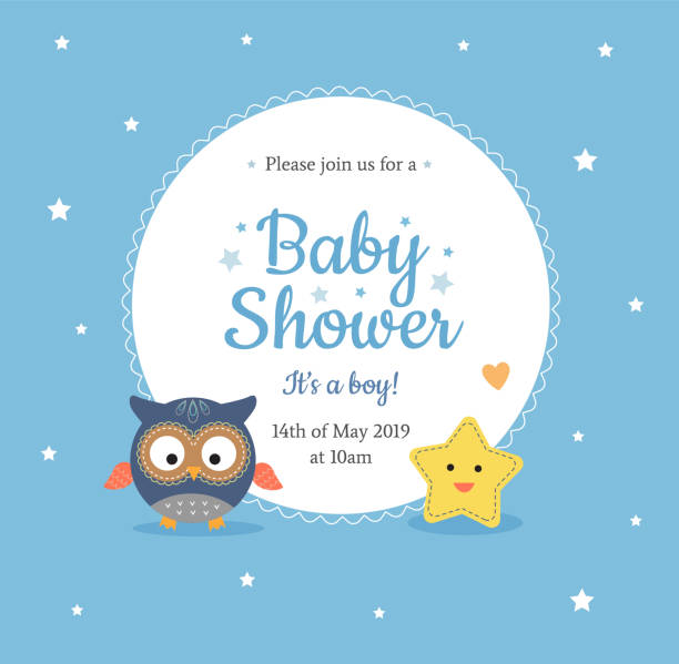 Cute Baby Shower invitation design for Boy with little owl and smiling star toy, with text in circle on blue background with stars. - Vector illustration Cute Baby Shower invitation design for Boy with little owl and smiling star toy, with text in a circle on blue background with stars. - Vector illustration funny pregnancy announcements stock illustrations