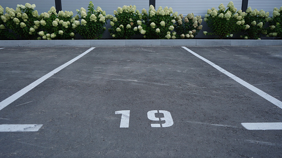 Close-up of a white paint number marking in a parking lot. Empty parking lot, Parking lot with white mark, Open parking in public park. Number 19