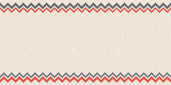 Ugly sweater Merry Christmas Happy New Year greeting card frame border seamless horizontal template. Vector illustration knitted background pattern folk style scandinavian ornaments. White, red, blue