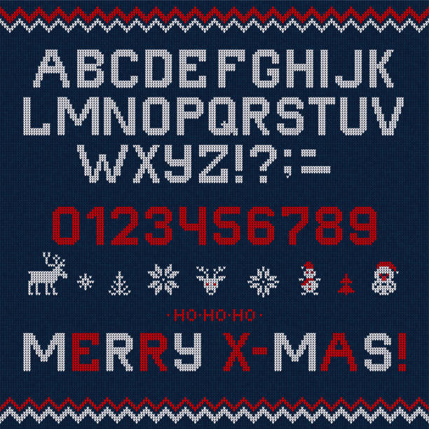 Folk Christmas Font Scandinavian style knitted letters alphabet seamless pattern vector art illustration