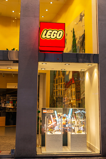 Copenhagen, Denmark - August 26, 2019: Lego toy store located along Stroget shopping street in Copenhagen, Denmark