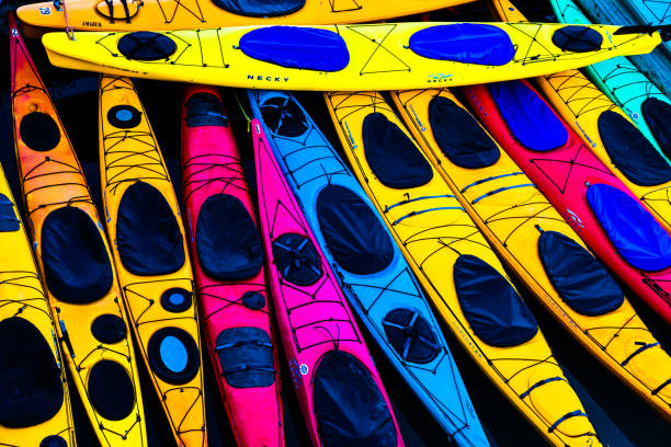 group of bright colored kayaks on coastal shoreline