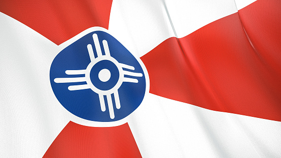 Fluttering flag of Wichita City. Kansas. United States. High-quality realistic render