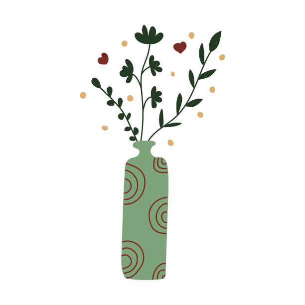 Vase Or Glass Bottle With Branches Flowers And Leaves Hand Drawn Concept  For Greeting Card And Other Print Design Modern And Simple Vector  Illustration Stock Illustration - Download Image Now - iStock