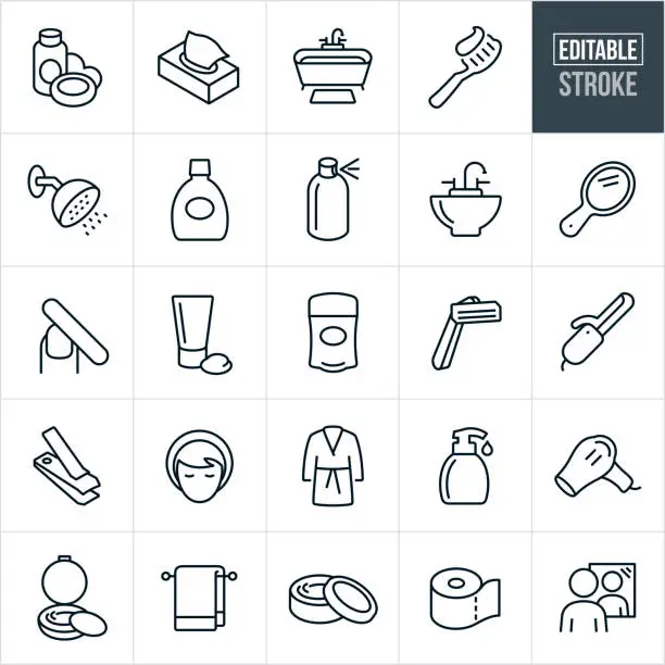 Vector illustration of Personal Care and Toiletry Thin Line Icons - Editable Stroke