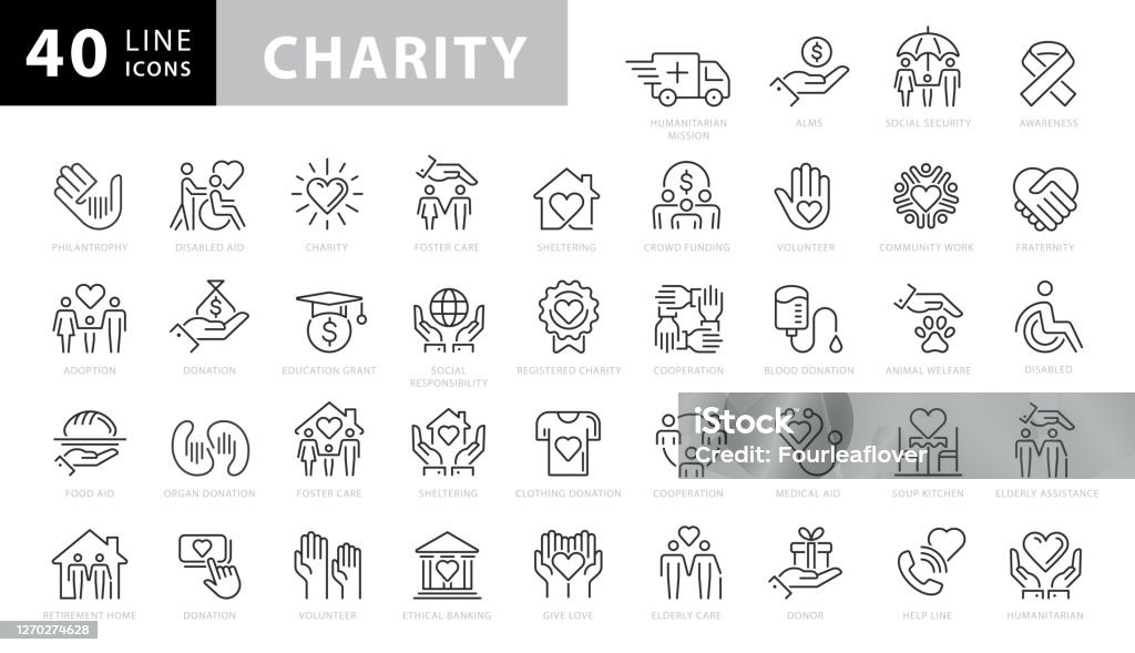 Iconos de líneas de caridad y donación. Trazo editable. Pixel perfecto. Para móviles y web. Contiene iconos como Caridad, Donación, Donación, Donación de Alimentos, Trabajo en Equipo, Alivio - arte vectorial de Ícono libre de derechos