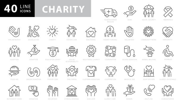 ilustraciones, imágenes clip art, dibujos animados e iconos de stock de iconos de líneas de caridad y donación. trazo editable. pixel perfecto. para móviles y web. contiene iconos como caridad, donación, donación, donación de alimentos, trabajo en equipo, alivio - relief