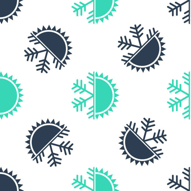 illustrations, cliparts, dessins animés et icônes de symbole chaud et froid vert. icône de soleil et de flocon de neige a isolé le modèle sans couture sur le fond blanc. symbole d’hiver et d’été. vecteur - seamless pattern meteorology snowflake