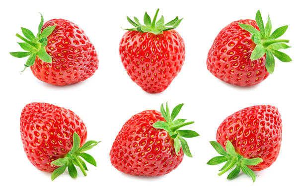 Strawberry isolated. Strawberries with leaf isolate. Whole strawberry on white. Strawberries isolate. Top view strawberries set. Full depth of field.