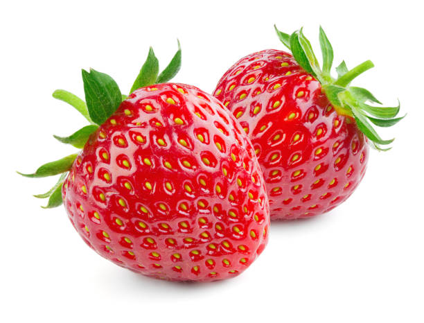 istock Strawberries isolated. Strawberry with leaf isolate. 2 whole strawberries on white. Two strawberries isolate. Side view organic strawberries. Full depth of field. 1270278948