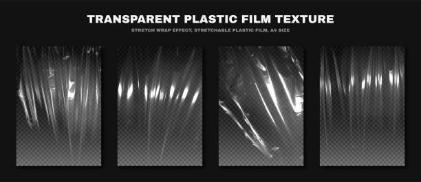 illustrations, cliparts, dessins animés et icônes de texture transparente de film plastique, film extensible de polyéthylène, taille a4. effet de film extensible en plastique avec texture froissée et ridée - plastique