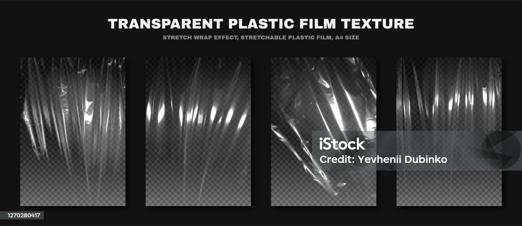 Transparante plastic film textuur, rekbare polyethyleen film, A4 grootte. Plastic rekfilmeffect met verfrommelde en gerimpelde textuur - Royalty-free Plastic vectorkunst