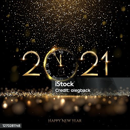 istock Happy new year clock countdown background. Gold glitter shining in light with sparkles abstract celebration. Greeting festive card vector illustration. Merry holiday poster or wallpaper design 1270281148
