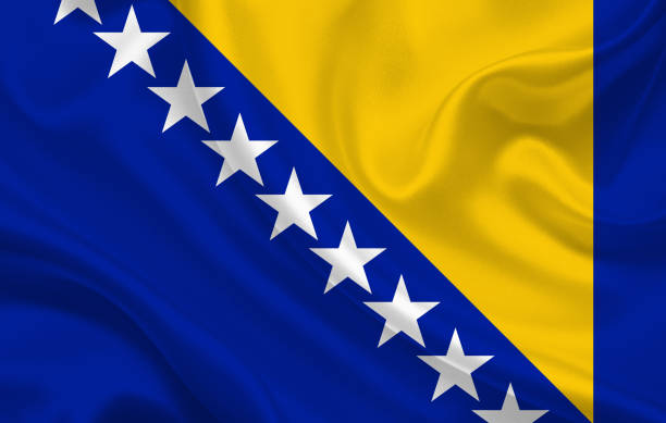 물결 모양의 실크 패브릭 파노라마 배경에 보스니아 헤르체고비나 국가 플래그 - bosnia herzegovinan flag stock illustrations