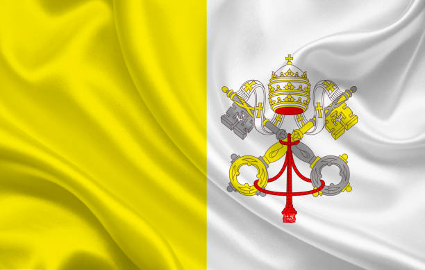 istock Vatican country flag on wavy silk fabric background panorama 1270281967