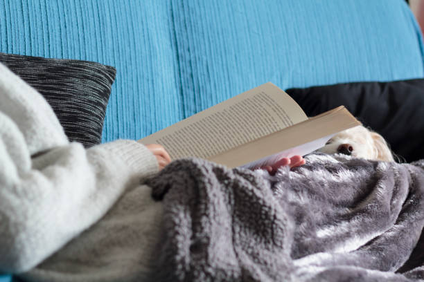 istock Woman with cute dog lying on couch and reading a book 1270282649