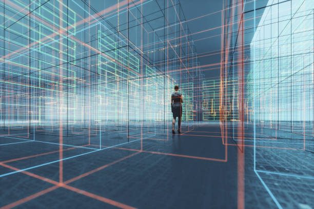 istock Businesswoman walking in VR environment 1270284083