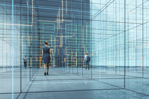 istock Businesswoman walking in VR environment 1270284155