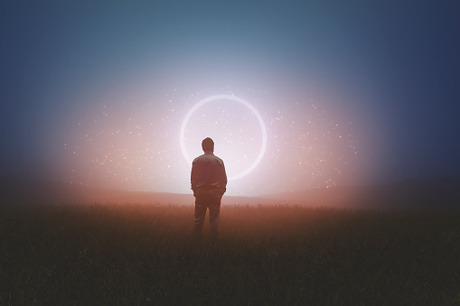 Man standing against mysterious glowing circle. This is entirely 3D generated image.