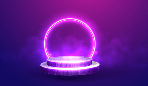 istock Empty podium vector illustration isolated on purple background - Exhibition pedestal with a neon circle - Empty space for your product 1270284919