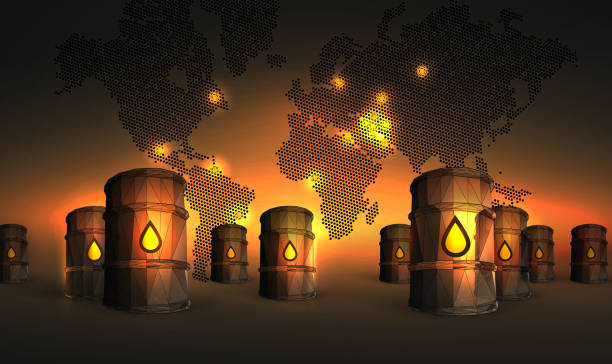 World oil industry vector illustration on background sunset World oil industry vector illustration on background sunset - Oilfield on a world map - Сoncept of oil supply to the terminal, the accumulation of several barrels - polygonal wireframe style opec stock illustrations