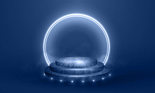 istock Neon podium vector illustration isolated on a blue background - Neon circle figure in the center in smoke - Empty space for your product 1270285078