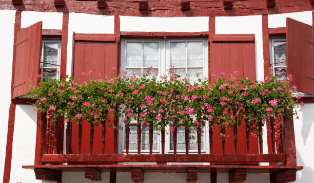 Traditional Basque house with red woodwork, french culture, France Travel