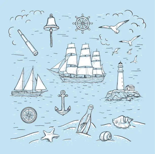 Vector illustration of Marine sketch hand drawn vector set with sailboat, lighthouse, seagulls, anchor, yacht, bottle, spyglass, compass, bell, steering wheel, seashells