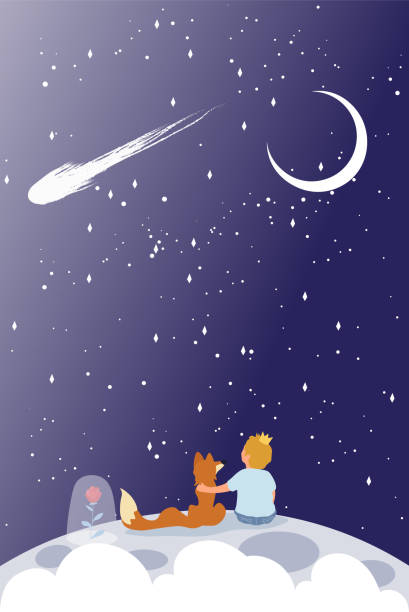 Little Prince with red fox sitting on a planet Little Prince with golden crown and red fox sitting on a planet against a starry sky, colored vector illustration fairy rose stock illustrations