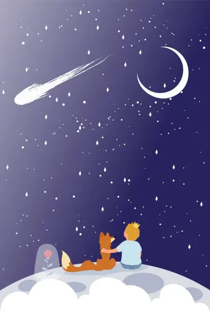 Vector illustration of Little Prince with red fox sitting on a planet
