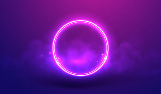 neonowy pierścień na fioletowym tle w ilustracji wektora mgły i pyłu gwiezdnego. świetlista okrągła ramka jako wizualizacja futurystycznej cyberprzestrzeni. okrąg w koncepcji dymu dla wirtualnej rzeczywistości - neon light stock illustrations