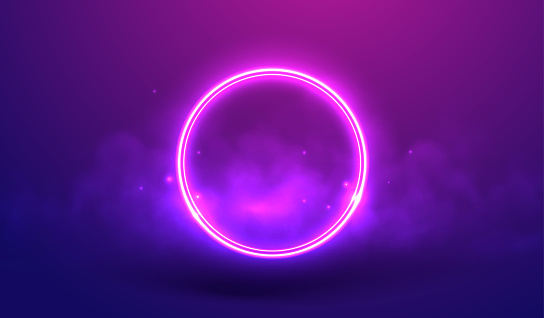 Neon ring on a violet background in fog and star dust vector illustration. Luminous round frame as a visualization of futuristic cyber space. Circle in smoke concept for for virtual reality