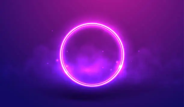 Vector illustration of Neon ring on a violet background in fog and star dust vector illustration. Luminous round frame as a visualization of futuristic cyber space. Circle in smoke concept for for virtual reality