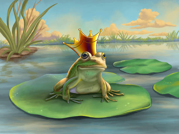 Frog prince in a pond Frog prince waiting on a water lily. Digital illustration. toad illustrations stock illustrations